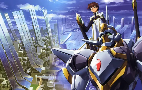 Megapolis, the view from the top, code geass, blue sky, combat robot, suzaku kururugi, by …
