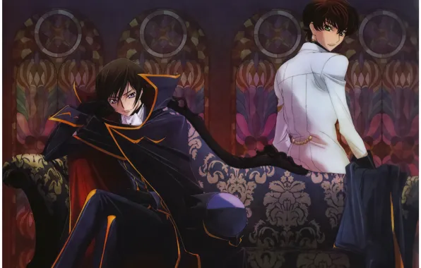 Sofa, pattern, stained glass, guys, cloak, Code Geass, military uniform, Code Geass