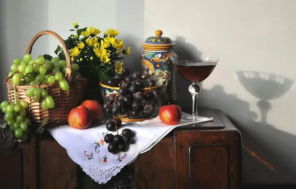 Picture flowers, table, grapes, dishes, fruit, still life
