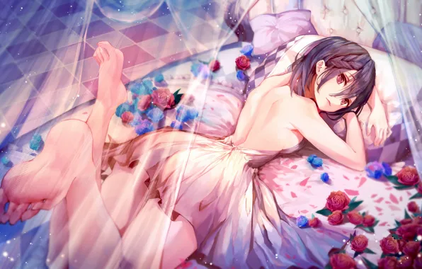 Picture girl, flowers, bed, roses, art