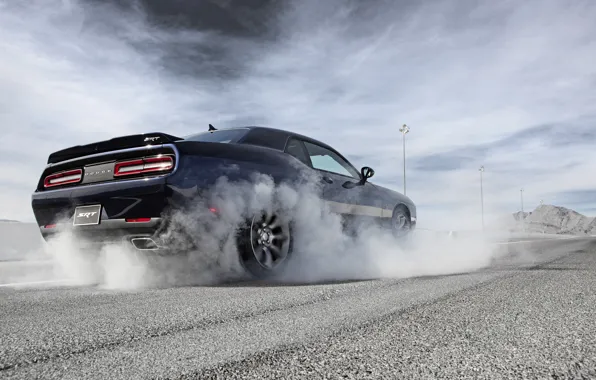 Picture The sky, Road, Smoke, Dodge, Challenger, Hemi, Muscle Car, 2015