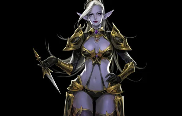 Look, pose, background, elf, dagger, elf, ears, dark elf