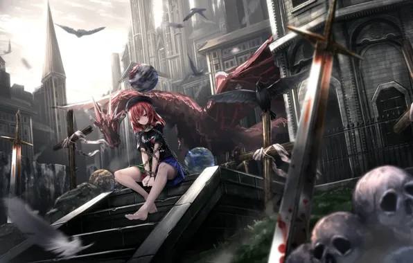 Picture Gothic, crosses, blood, the victim, skull, chain, swords, Touhou Project