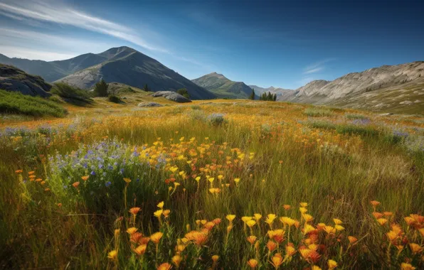Field, summer, the sky, clouds, landscape, flowers, mountains, nature
