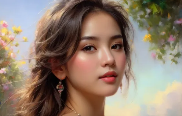 Summer, look, girl, flowers, pose, portrait, earrings, hairstyle