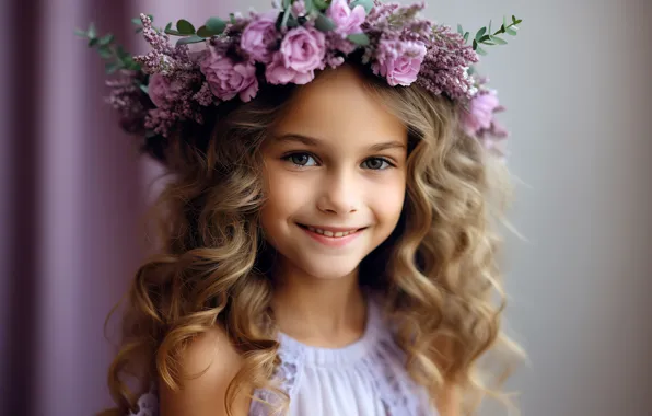 Picture look, flowers, smile, portrait, girl, wreath, Rus, AI art