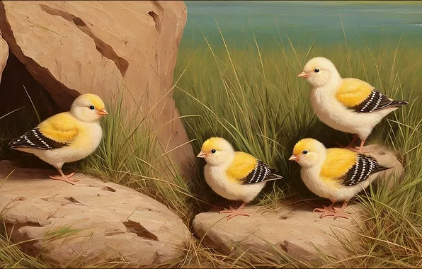 Grass, look, birds, nature, pose, stones, glade, painting