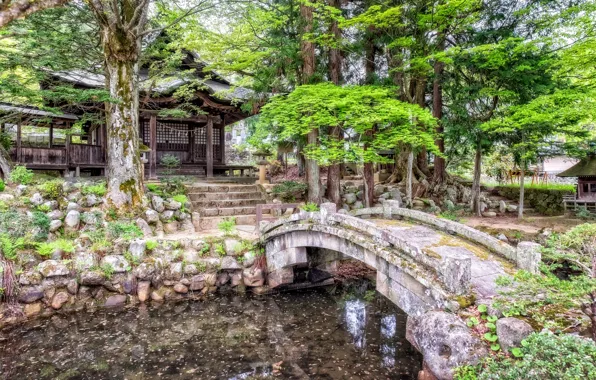 Trees, bridge, pond, Park, stones, HDR, Japan, ladder