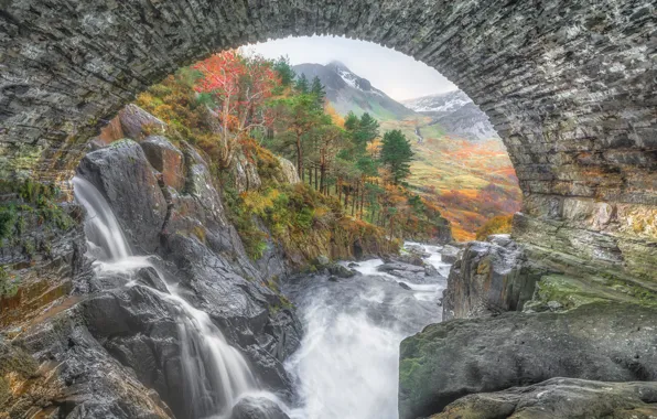 Autumn, trees, mountains, bridge, river, stones, rocks, arch