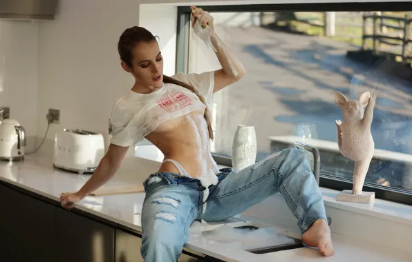 Mercedes, panties, model, women, jeans, brunette, kitchen, white panties