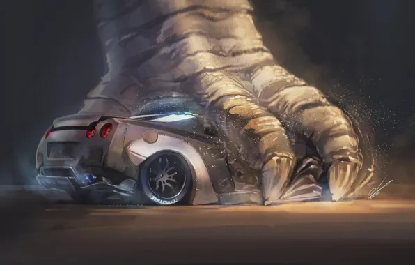 Picture Figure, Monster, Background, Paw, Nissan, GT-R, Godzilla, Art