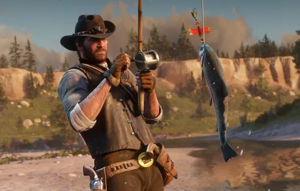 Picture fishing, fish, hat, rod, Rockstar, Bandit, Red Dead Redemption 2
