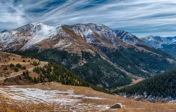 Forest, the sky, clouds, snow, trees, mountains, panorama, gorge