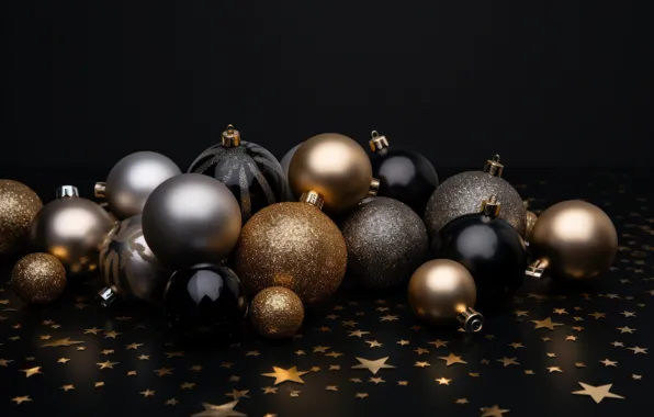 Stars, balls, the dark background, Christmas, New year, black background, gold plated, stars