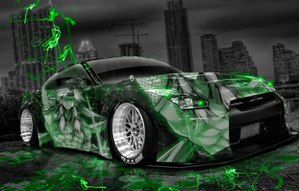 Night, The city, Neon, Green, Tuning, Style, Nissan, Wallpaper