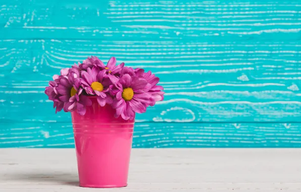 Flowers, bouquet, wood, flowers, bucket, purple