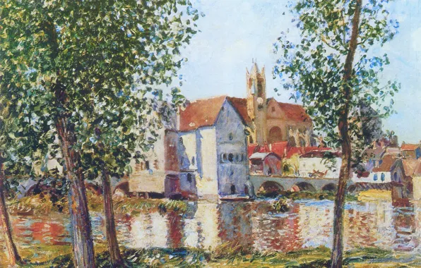 The sky, bridge, the city, river, home, picture, day, Alfred Sisley