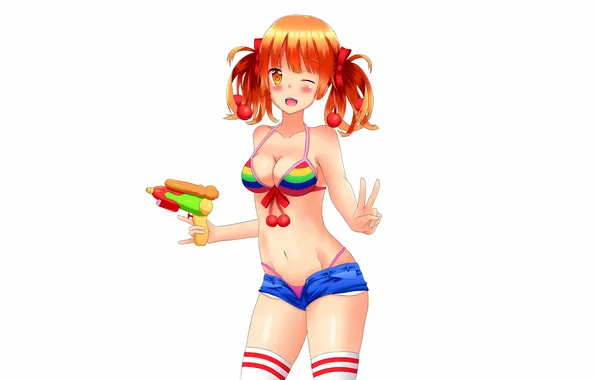 Girl, sexy, cleavage, shorts, thighhighs, red hair, boobs, anime