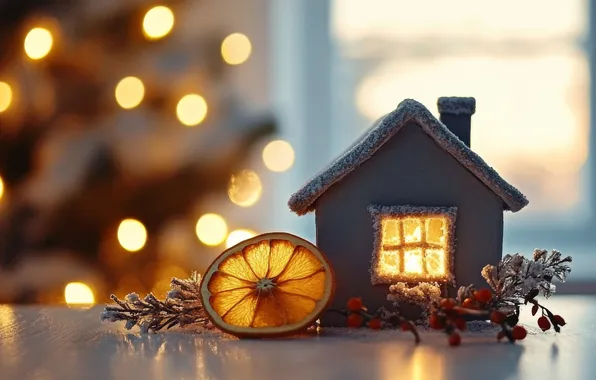 Light, branches, lights, orange, window, Christmas, New year, house