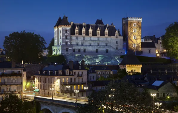 Night, bridge, lights, castle, France, tower, home, lights