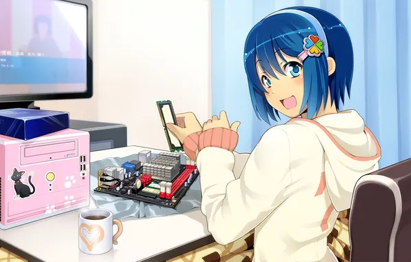 Girl, Computer, Anime, Windows 7, OS-tan, Mascot, Assembly, Nanami Madobe