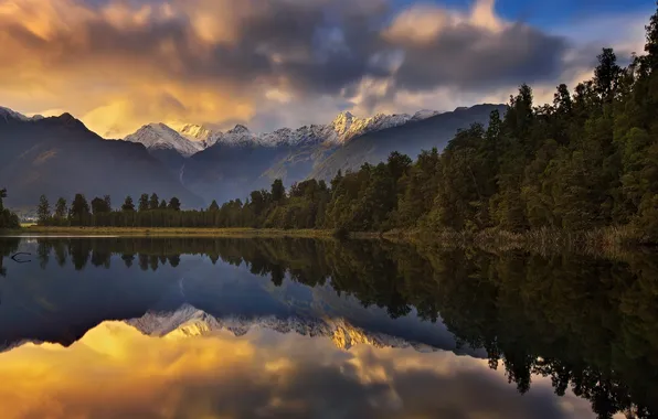 Picture forest, mountains, lake, New Zealand