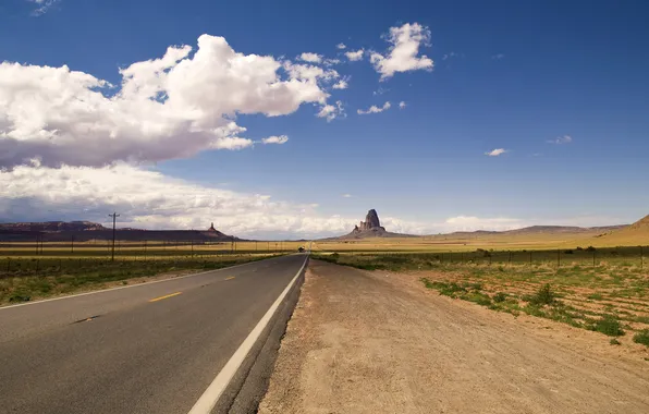 Road, field, grass, clouds