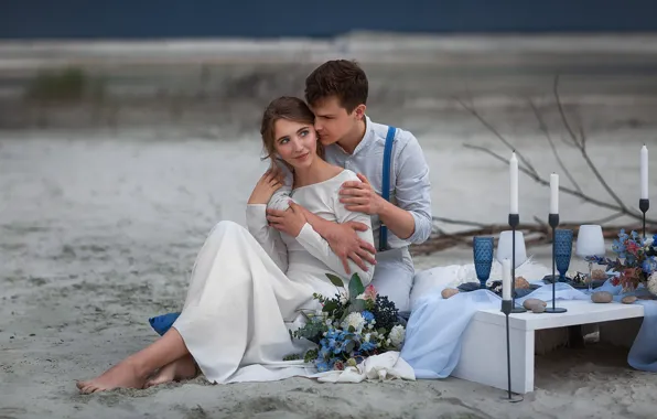 Girl, bouquet, dress, hugs, male, lovers, wedding, Anastasia Barmina