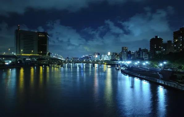 Water, night, bridge, the city, lights, reflection, river, China