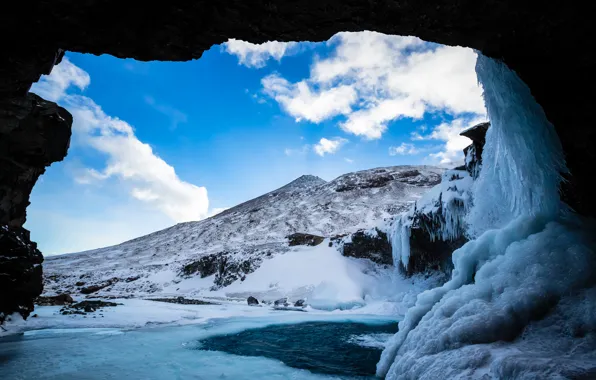 Ice, winter, snow, mountains, lake, cave, the grotto