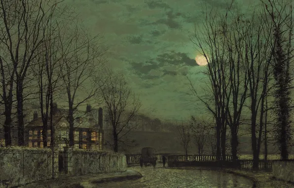 Trees, house, street, the fence, picture, wagon, the urban landscape, John Atkinson Grimshaw