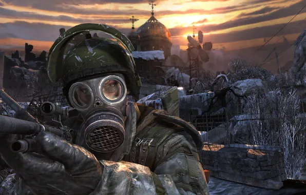 Picture Church, gas mask, metro 2033, the ruined city
