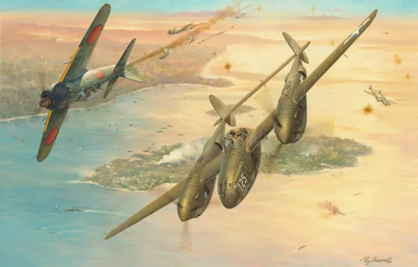 War, art, painting, aviation, Lockheed P-38 Lightning, ww2, combat, dogfight