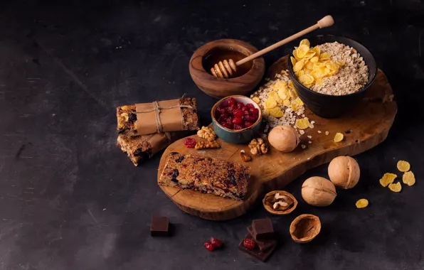 Chocolate, bowl, nuts, honey, muesli, candied, cutting Board, bars
