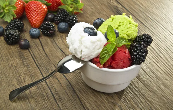 Picture balls, berries, blueberries, strawberry, spoon, ice cream, dessert, BlackBerry