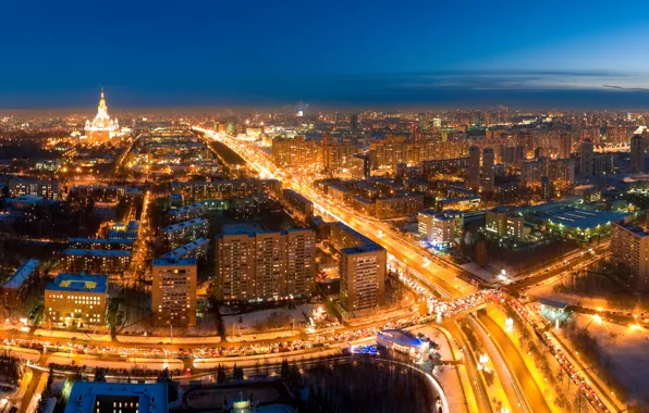 Road, night, lights, Moscow