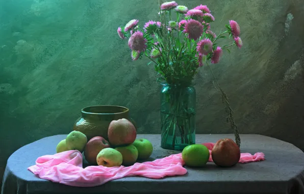 Picture apples, bouquet, fabric, pot, fruit, still life, items, composition