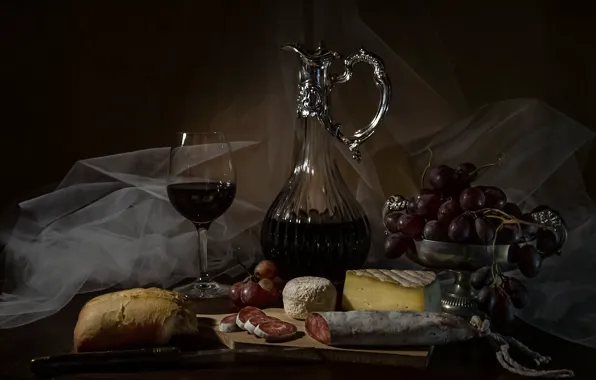The dark background, table, wine, glass, cheese, bread, grapes, alcohol