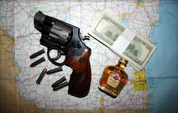 Picture map, money, revolver