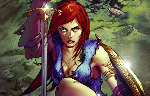 Picture background, woman, sword, warrior, comic, Red Sonja, Red Sonja