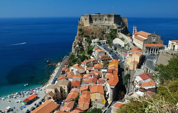 Roof, sea, home, Italy, Calabria, Shilla, Ruffo Castle