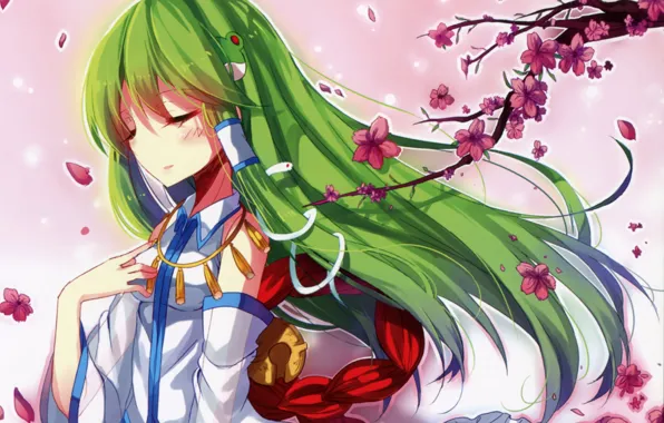 Branch, petals, Sakura, green hair, snake, art, touhou projeck, kazucha