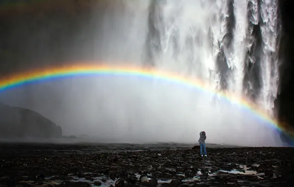 Nature, waterfall, rainbow