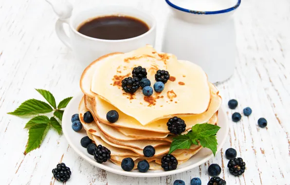Berries, coffee, Breakfast, milk, blueberries, pancakes, Olena Rudo