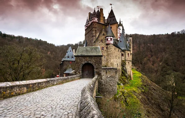 Picture forest, gate, pavers, Germany, valley, tower, ELTZ castle, Rhineland-Palatinate