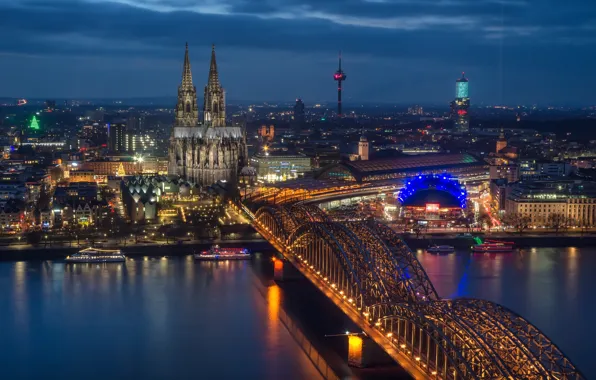 Bridge, lights, river, Germany, panorama, Cathedral, Cologne