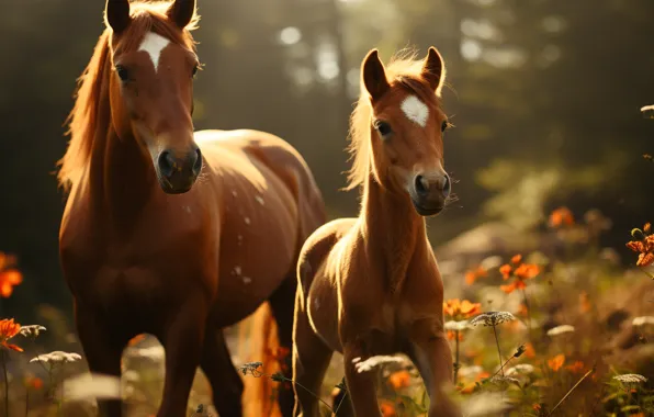 Picture look, face, nature, pose, horse, horse, mother, foal
