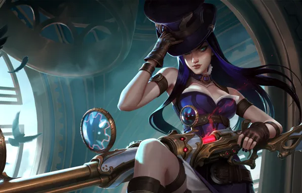 Picture girl, fantasy, game, long hair, weapon, hat, blue eyes, League of Legends