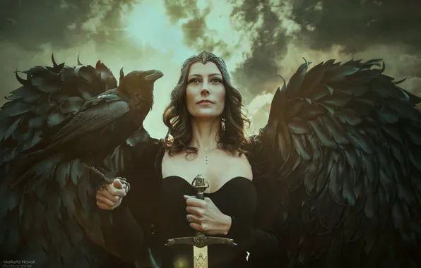 Picture girl, bird, wings, sword, warrior, Marketa Novak, Lenka Odehnalová, black raven