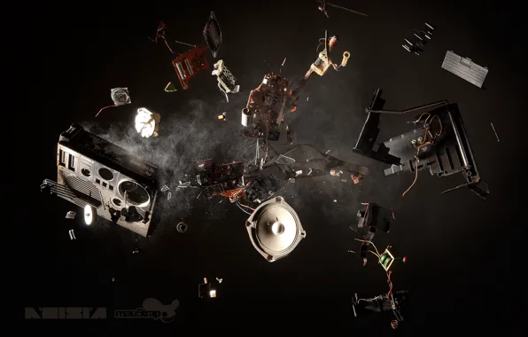 Picture the explosion, fragments, music, dust, music, speaker, Noisia, tape